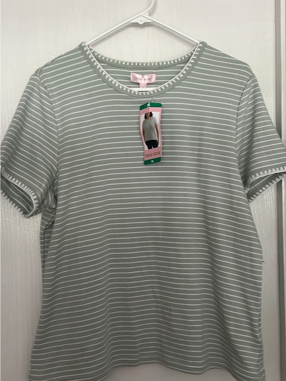 Green and White Striped Tee with Trim